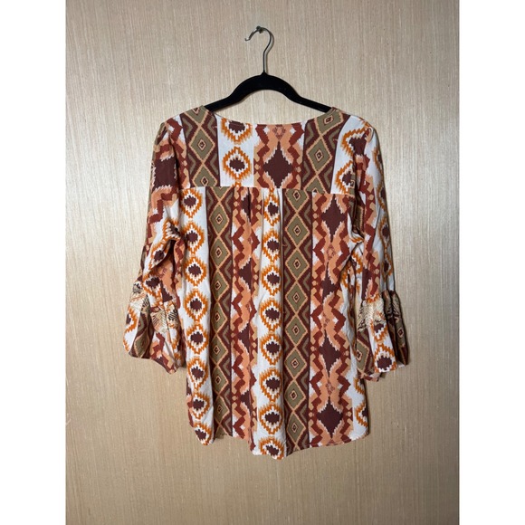 Savanna Jane Womens Boho Embroidered Ikat Print Bell Sleeve Blouse Top Large - Picture 7 of 7